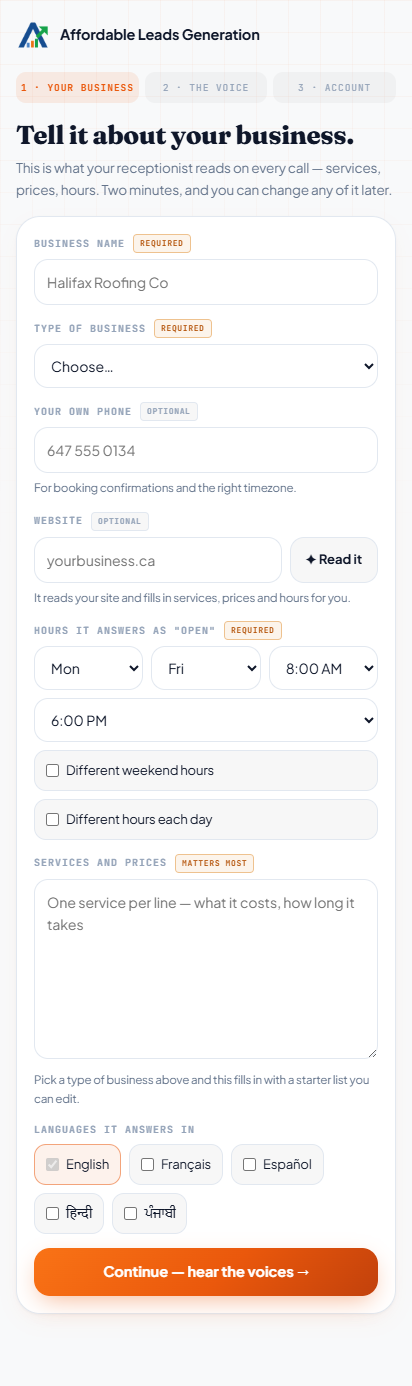 Step one of the setup wizard: a form for the business name, trade, hours and services.
