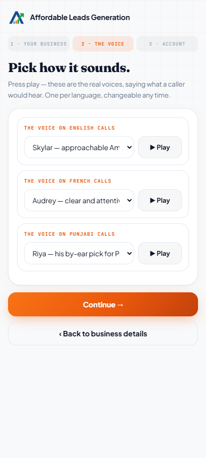 Step two of the setup wizard: picking the voice for English, French and Punjabi calls, with a play button on each.